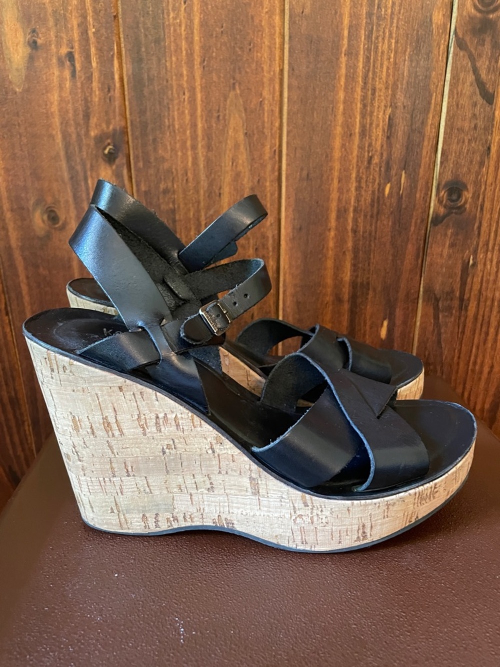Kork-Ease Black Leather Cork Platform Wedge Sandals Sz9 - Picture 7 of 11